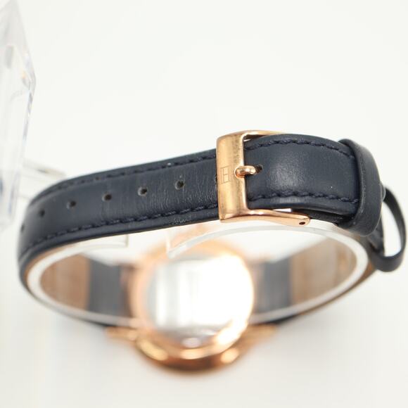 Tommy Hilfiger Womens Rose Gold Tone Slim 35mm Watch Blue Leather w New Battery